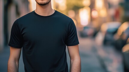 Fototapeta premium Close-Up of Young Man in Black T-Shirt on Blurred Street Background. T-Shirt Design Mockup