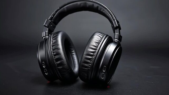 A pair of black headphones sit on a black surface