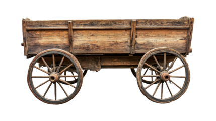 An antique wooden cart resting against a plain background in soft light, on the transparent background. PNG Format
