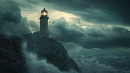 Lighthouse on Stormy Cliffs Under Dramatic Clouds
