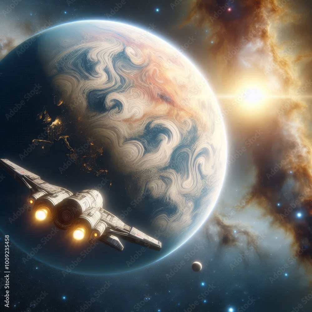 Poster a futuristic spaceship navigating near a mysterious, swirling planet against the backdrop of deep sp