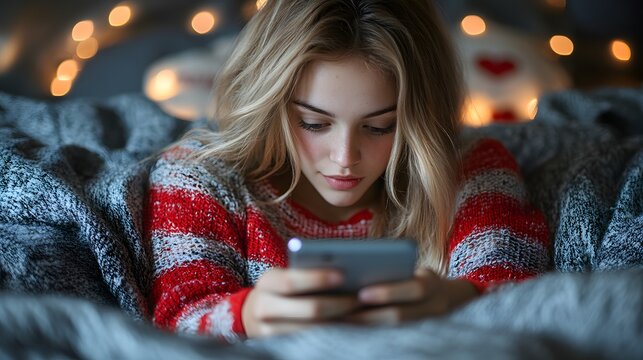 A woman scrolling through an online shoe store on her phone while enjoying breakfast in bed, with shopping icons surrounding her