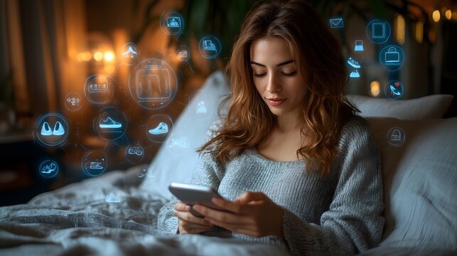 A woman scrolling through an online shoe store on her phone while enjoying breakfast in bed, with shopping icons surrounding her