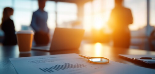 A close-up of a laptop, coffee cup, and documents on a desk, with people in the background engaged in a collaborative discussion during a sunset meeting.