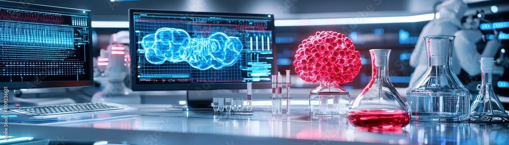 Poster a futuristic lab with a computer displaying a 3d brain model and a red model of a virus or cell in t