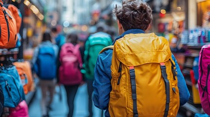 Father and child picking out school supplies in a bright and cheerful store, colorful backpacks and notebooks in the background