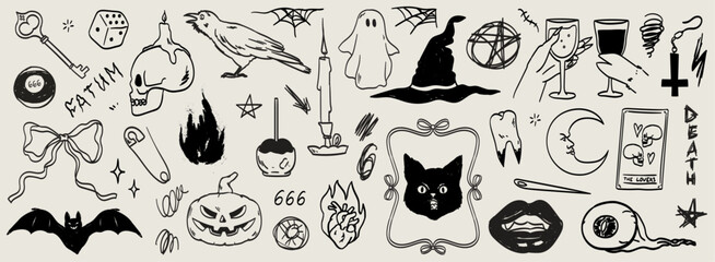 Halloween horror sticker sketch set. Hand drawn witchcraft doodle elements. Halloween and magic sketch icons. Pumpkin, ghost, skull, black cat, pot, hat. Witch and devil drink wine. Cat in mirror. © KPstudio
