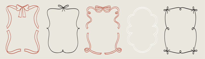 Fototapeta premium Retro vintage bows and ribbons frame drawings for greeting cards, wedding and birthday party, picnic invitation in elegant line coquette style. Hand drawn borders for social media decoration template.