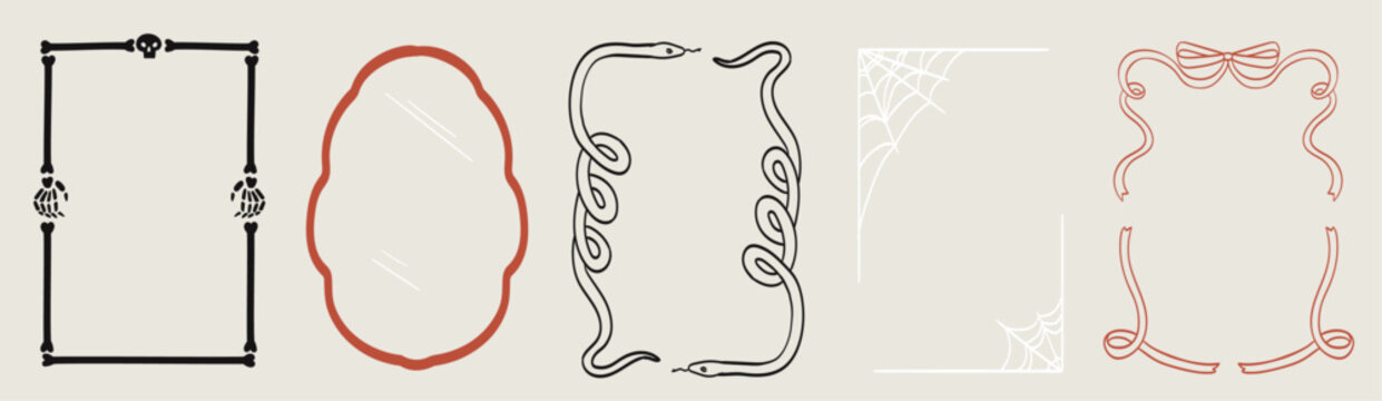 Vintage bows frame for greeting cards, Halloween party invitations in cute line doodle coquette style. Hand drawn ribbons, bones and snake border illustration for social media decoration template.