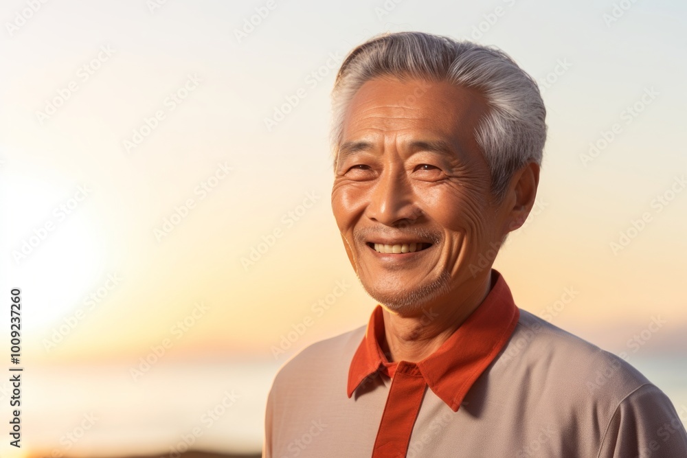 Canvas Prints Portrait of a blissful asian elderly man in his 90s donning a trendy cropped top isolated in beautiful beach sunset