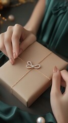 Obraz premium Female hands packaging jewelry gift box, Generative AI