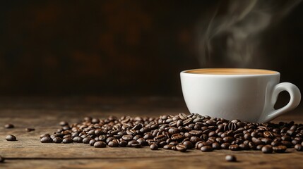 Naklejka premium Steaming Coffee Cup with Artfully Arranged Beans