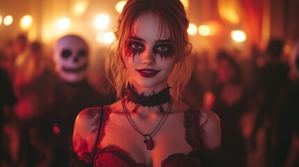 Woman in eerie makeup and gothic attire at a Halloween party, surrounded by festive lights.