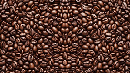 A symmetrical pattern of roasted coffee beans creating a detailed and intricate design, ideal for backgrounds or coffee-related branding
