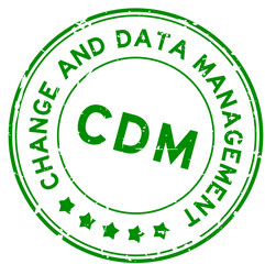 Grunge green CDM change and data management word round rubber seal stamp on white background