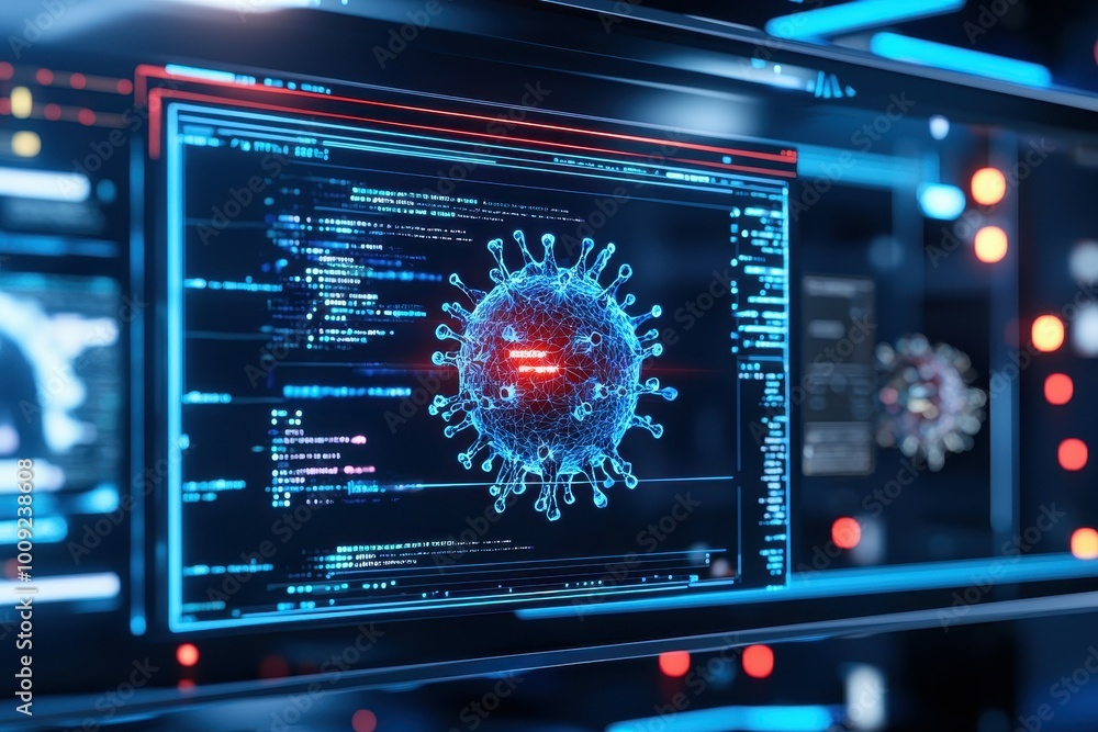 Poster a computer screen displays a digital model of a virus with code in the background.