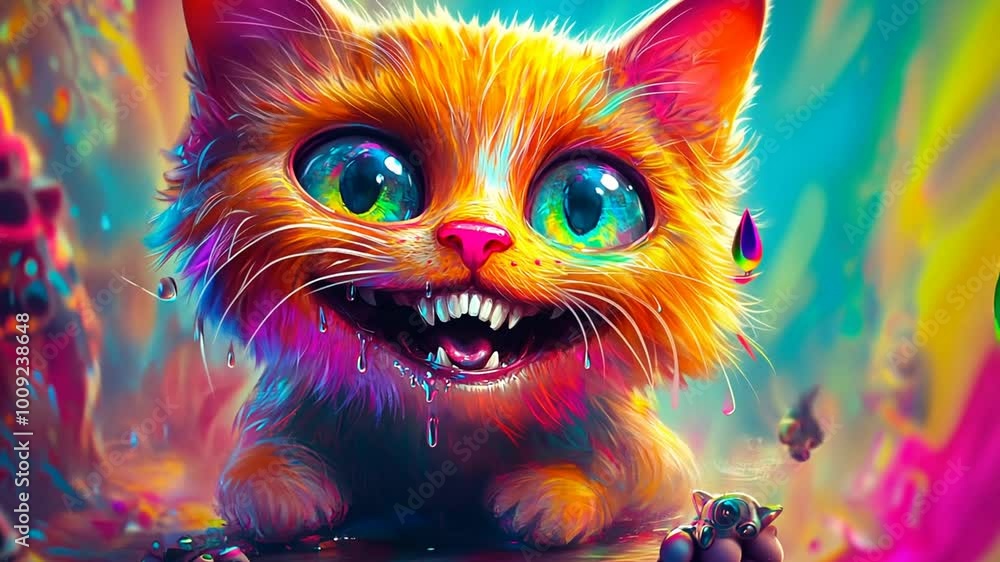 Aufkleber brightly colored cartoon cat with large eyes in a whimsical setting generative ai