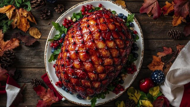 Glazed Thanksgiving Ham on Rustic Wooden Table