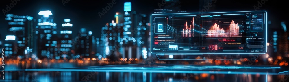Poster A futuristic computer screen displaying data charts with a cityscape in the background.
