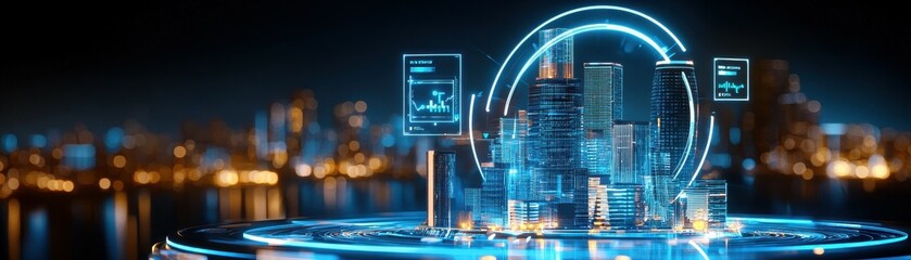 Obraz premium A digital city skyline with glowing blue lights and data panels.