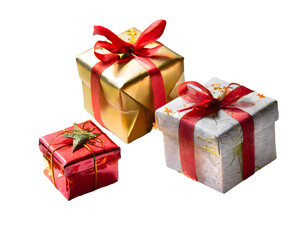 Obraz premium three small Christmas gifts and star shaped confetti. Generative AI.