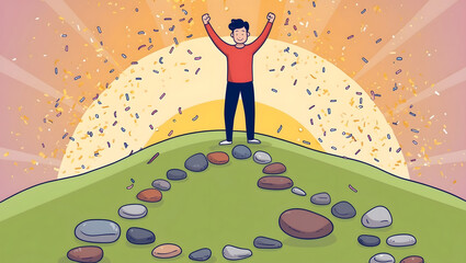 Illustration of a Person Celebrating Achievement at the Top of a Hill with Sunburst and Confetti
