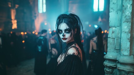 Woman in gothic makeup and costume at a mysterious party in a dimly lit ancient hall.
