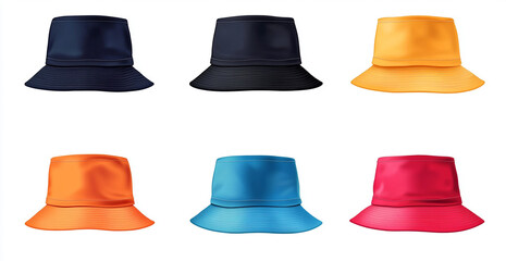 Set of colorful bucket hats, white background