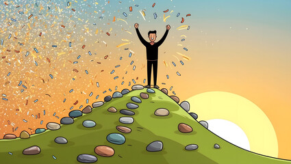 Illustration of a Person Celebrating at the Top of a Hill with Confetti and Rising Sun