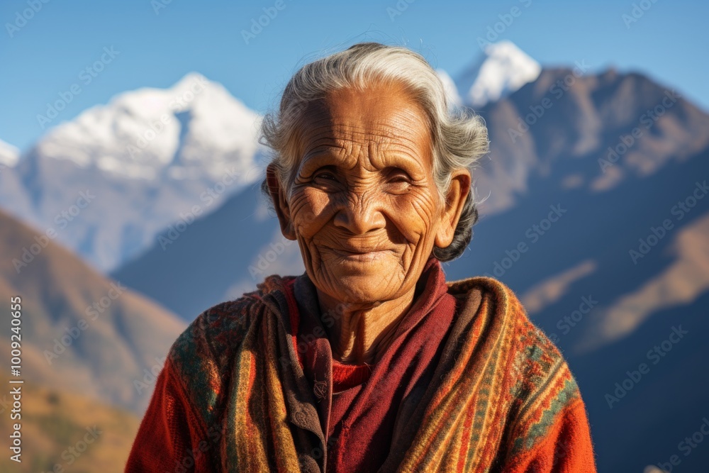 Sticker Portrait of a grinning indian woman in her 60s showing off a thermal merino wool top isolated in backdrop of mountain peaks