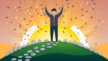 Personal Triumph: Illustration of a Person Celebrating at the Top of a Hill with Confetti and Rising Sun
