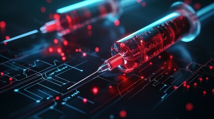 Syringe with red liquid on a futuristic circuit board.