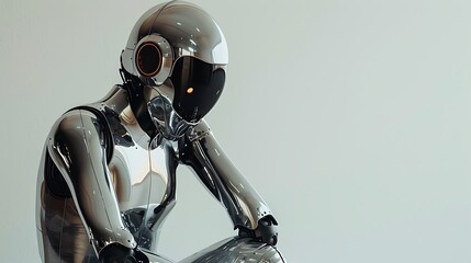 a humanoid robot with a shiny silver body and a round head, sitting and thinking on white background 