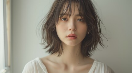 Fototapeta premium Portrait photography of a girl with shoulder-length hair and bangs, wearing a white linen top, standing in front of the camera against a white background with natural light