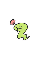 花をくわえる可愛い蛇のイラスト　年賀状素材　線画　手描き