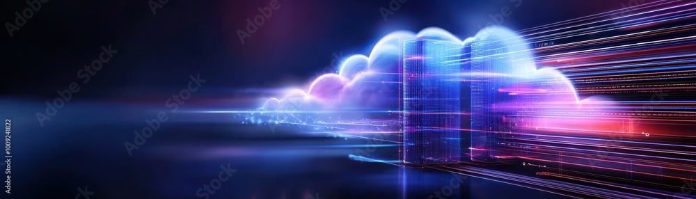Poster abstract concept of cloud computing with servers and data transfer.