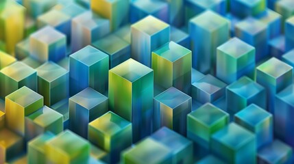 Obraz premium Seamless pattern of cubes in blue, green and yellow colors, arranged with perfect distances between them, creating an isometric effect.