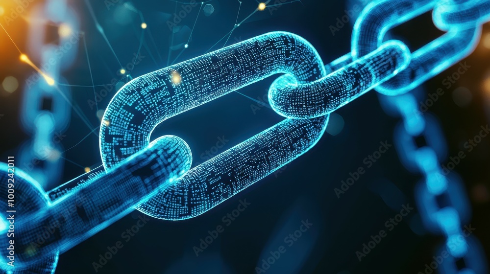 Poster a close-up of a digital chain link, symbolizing security and connection.