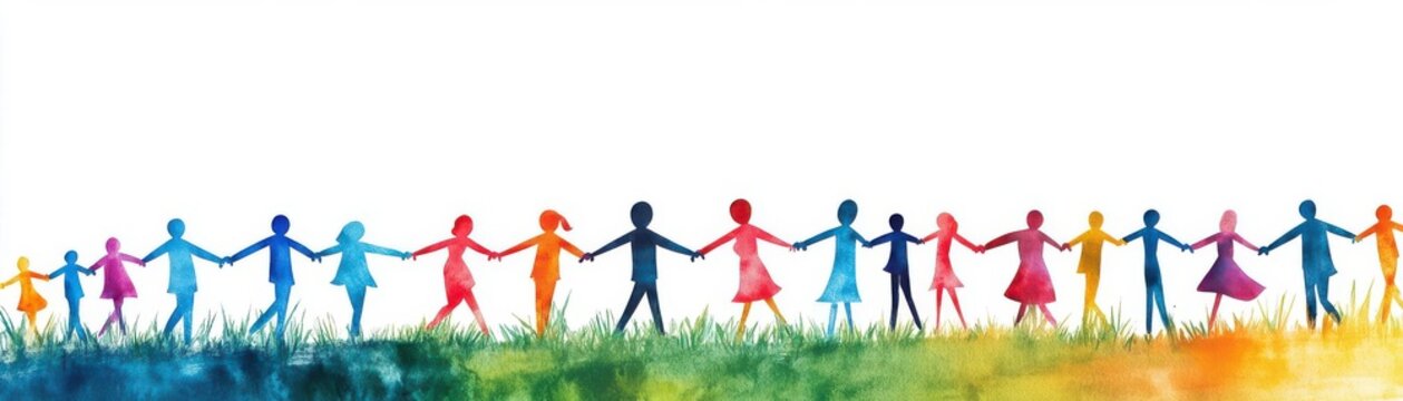 People linking arms, creating a human chain, unity and support, watercolor style