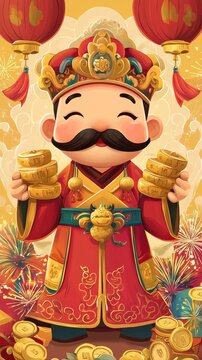 Create an illustration of Cai Shen Ye, the Chinese God of Wealth, in a cute chibi style
