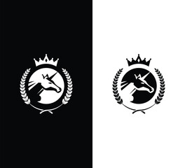 Regal Unicorn Logo Design with Crown and Laurel in Elegant Typography