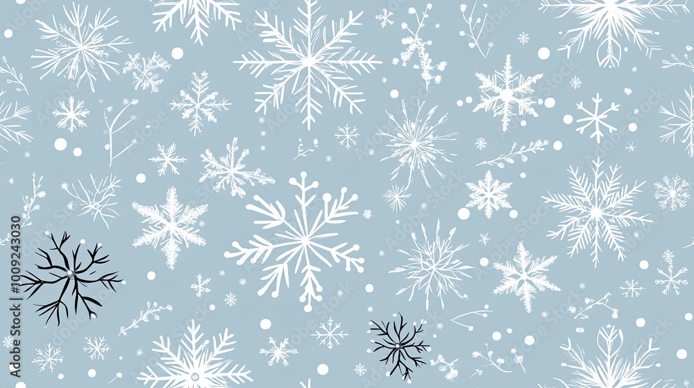 Poster a seamless pattern features white snowflakes scattered across a light blue backdrop, creating a mini