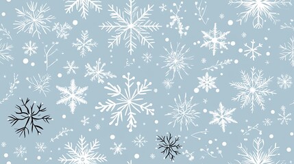 A seamless pattern features white snowflakes scattered across a light blue backdrop, creating a minimalist and elegant design perfect for winter-themed projects SEAMLESS PATTERN