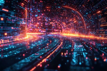 Obraz premium Abstract digital tunnel with glowing lights and data streams.