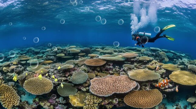 diver and reef. Virtual 4K video animation background with looping time lapse with very smooth graphics.