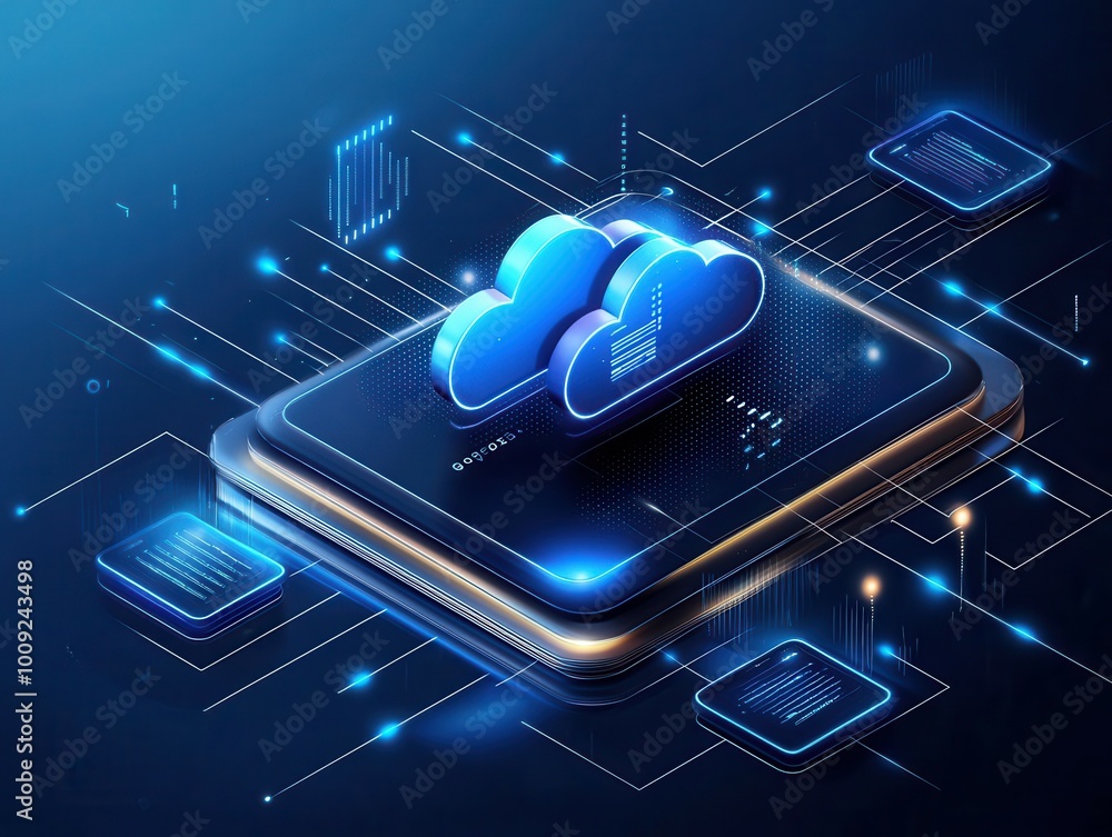 Poster cloud computing concept with a digital interface and neon lines.