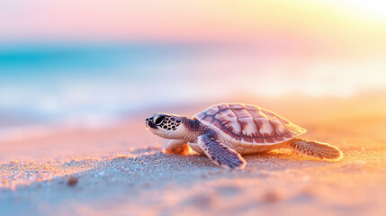 Baby sea turtle on sandy beach at sunset with vibrant colors