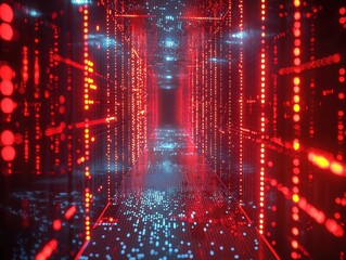 A futuristic hallway with red and blue lights.