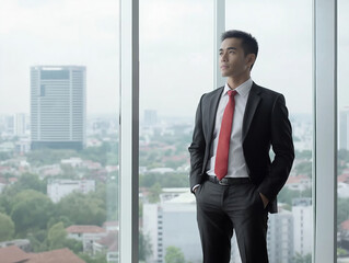 Fototapeta premium Young asian business man stand with hands in pocket
