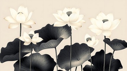 Elegant White Lotus Flowers and Dark Green Leaves Water Lily Floral Illustration